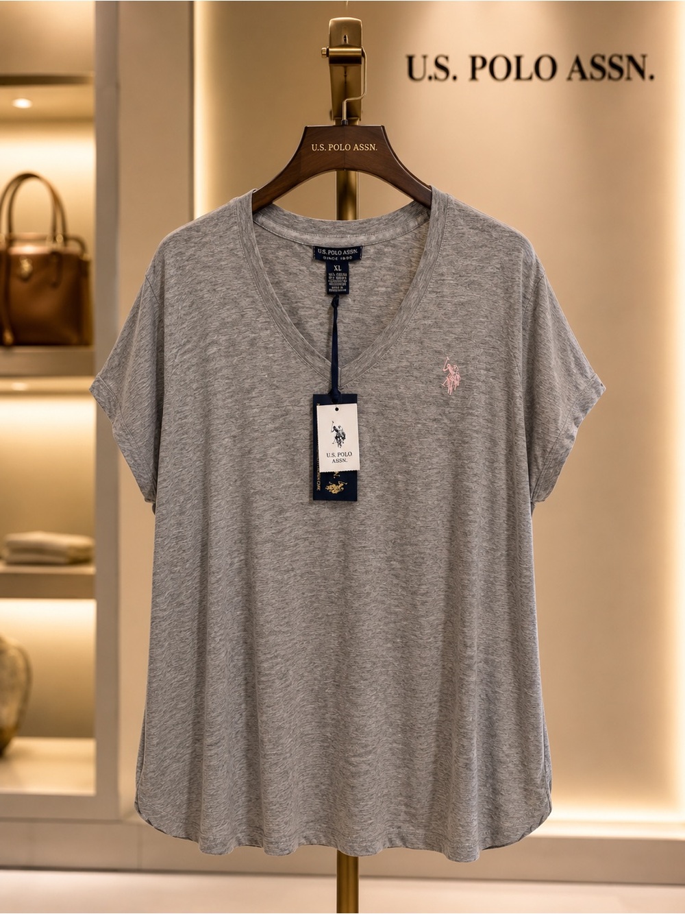 🌸U.S. Polo Assn. Gray V-Neck Tee with Pink Logo XL New casual resort summer